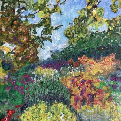Moira Savage - Floral Quilt, The Picton Gardens, Colwall, Worcestershire. Oil pastels on Canvas.