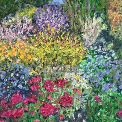 Moira Savage Garden Mosaic, The Picton Gardens, Colwall, Worcestershire. Oil pastel on canvas.