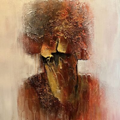 Nashmin Riazi - Title: Mourning Description: Grief is like a wound that no one sees But breathes silently every day. Some longings are never meant to end; We just learn to live with their emptiness  Media: different material and acrylic paints on canvas