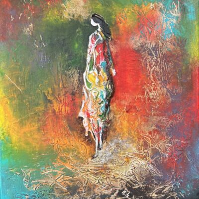 Nashmin Riazi Title: The Silence of Nature Description: A woman stands in the silence of nature; Somewhere between the embrace of the trees and the tranquility of the pond, As if time had paused for a moment. Textured acrylic painting on canvas.  Media: Used acrylic paste and acrylic paints