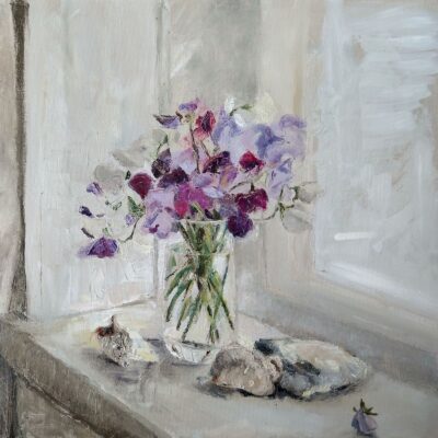 Jenny Russell - Sweetpeas and favourite shells - oil on canvas