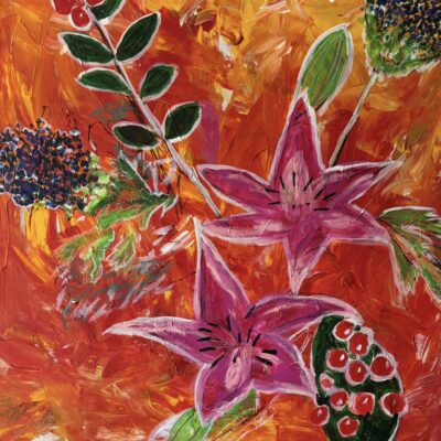 Denise Mountain - Lilies. Acrylic on canvas, 100 cm x 100 cm
