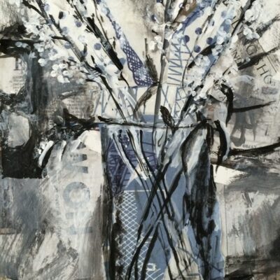 Denise Mountain - Stocks. Ink and newspaper on paper, 30 cm x 40 cm.