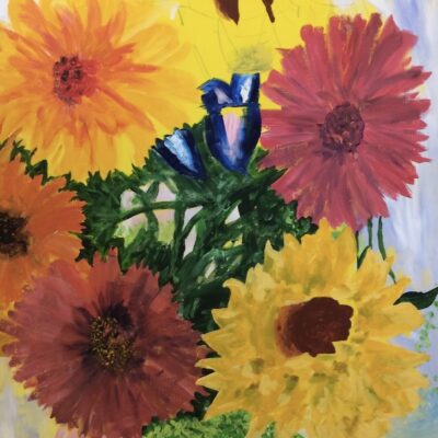 Denise Mountain - Birthday flowers. Acrylic on canvas 102 cm x 76 cm.