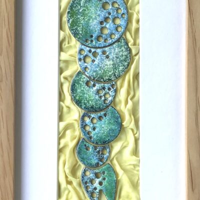 Christine Harmer - Organic Form 2 - Multi-part Picture in Enamels in Green & Blue on a Yellow Silk Background