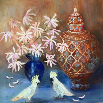 Mary Brittain - Two cockatoos and a bunch of magnolia