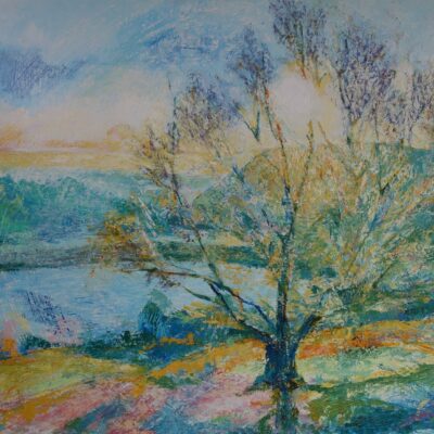 Louise Pilditch - January Sunrise, British Camp Reservoir, The Malvern Hills. Gesso and oil paint on birch panel 60cm x 84cm