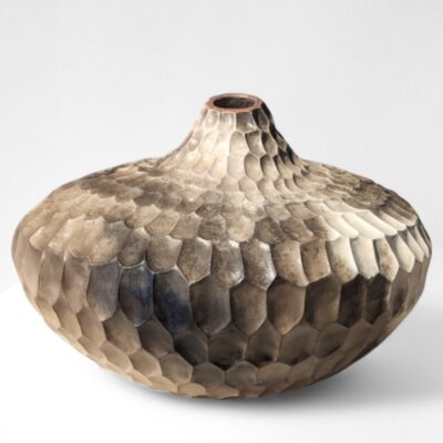 Katie Pruden - Carved Vessel:smoke-fired earthenware & copper leaf