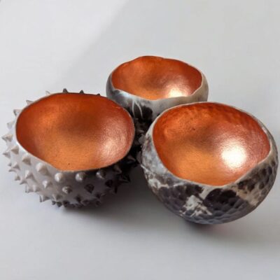 Katie Pruden - Seed Pots: smoke-fired earthenware & copper leaf