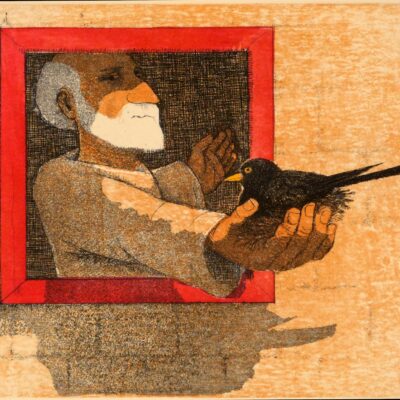 Frans Wesselman - Saint Kevin and the blackbird, etching with relief, 18 x 21 cm.