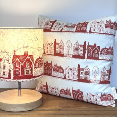 Sarah Walker - Malvern Houses handprinted table lamp and digitally printed cushion