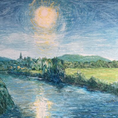Louise Pilditch - November Morning, Ross-on-Wye.  Gesso and oil paint on birch panel. 63cm x 88cm