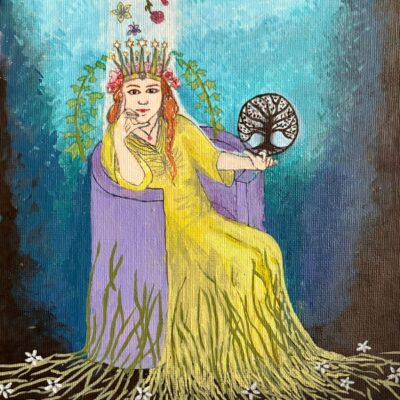 Laura Hughes - Persephone - My depiction of the greek goddess of Spring and Queen of the Underworld. Inspired in part by Alphonse Mucha. Acrylic paint pen on canvas.