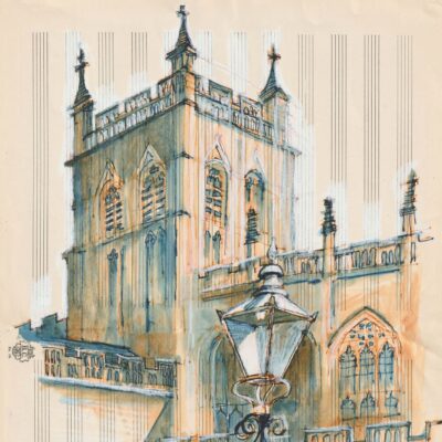 Jim Morris - Ink and wash sketch of Great Malvern Priory - on music manuscript