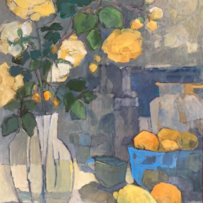 Sara Chandler - Still life in grey and yellow, 2.  Oil on board.