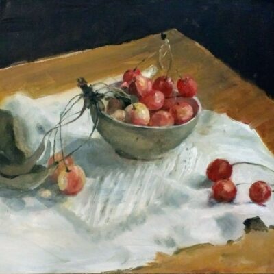 Jenny Russell - Still life with wild cherries - oil on canvas