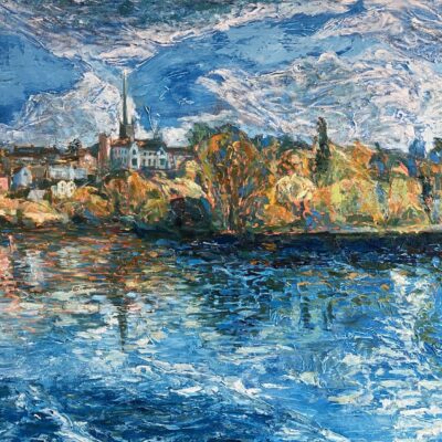 Louise Pilditch The Weight of Water, Ross-on-Wye.  Gesso and oil on birch panel. 60cm x 84cm