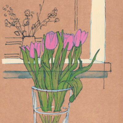 Jim Morris - Ink and acrylic drawing of tulips in a glass vase