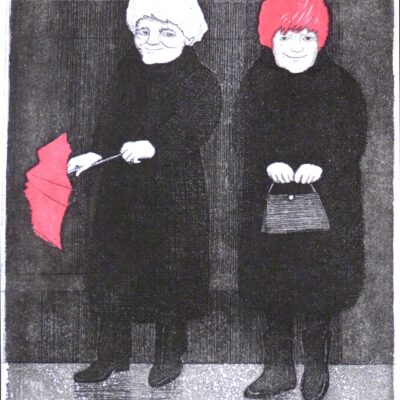 Frans Wesselman - Two ladies in London, etching with relief, 21 x 18 cm.