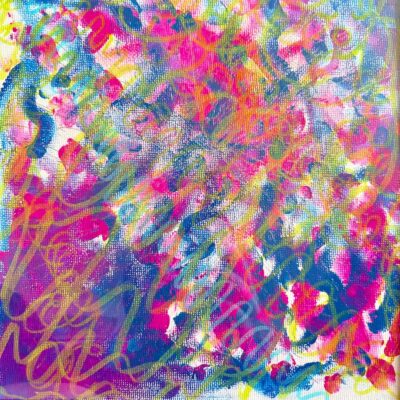 Laura Hughes - Red Aura - a playful mixture of acrylic paint, applied by fingerpainting, and additional squiggles applied with acrylic paint pens