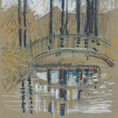 Jim Morris - Oil pastel sketch of trees and a bridge at Winterbourne Gardens