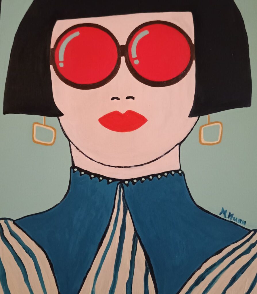 A painted portrait of a woman with a black bob and pink round sunglasses. Wearing a collared blue and grey stripy blouse.