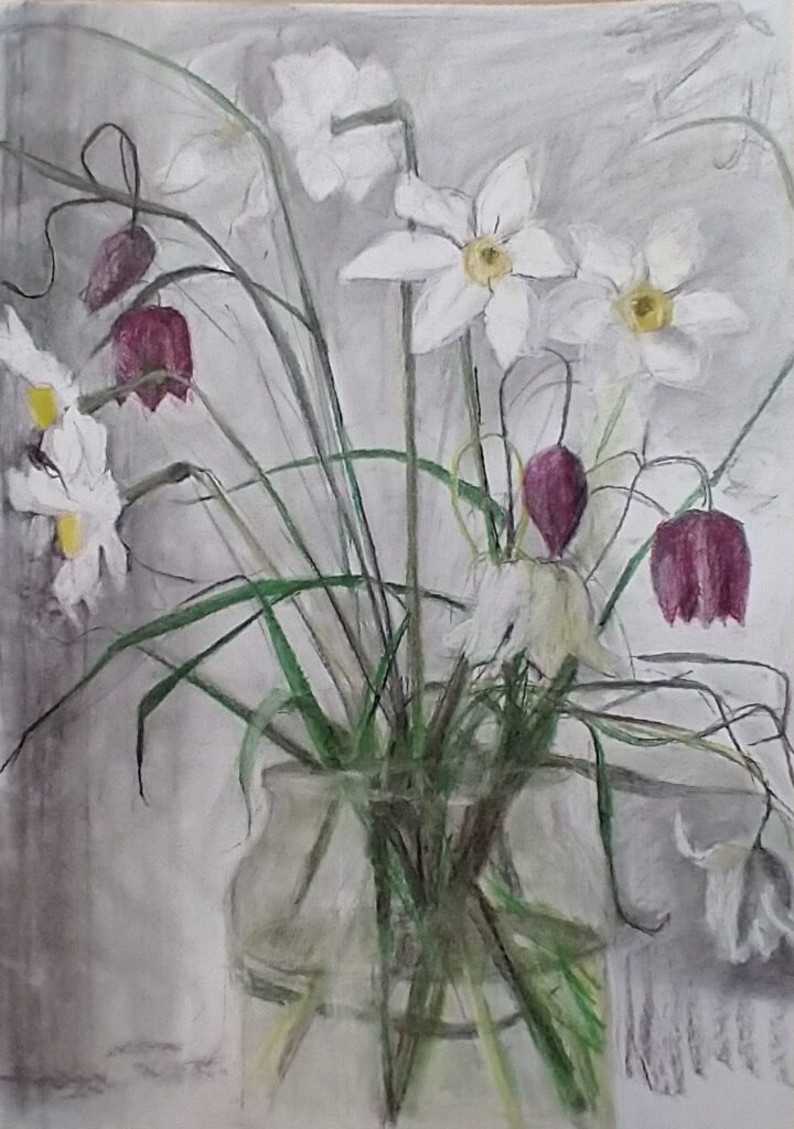 Snake's head fritillaries with narcissi
