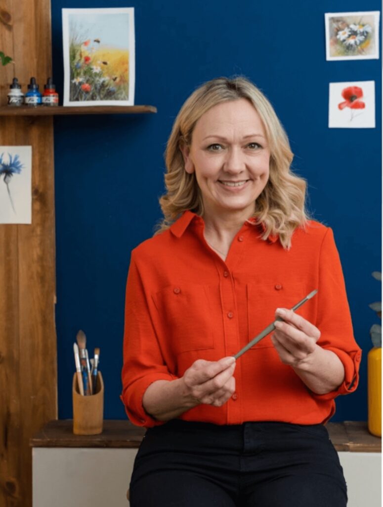 Sarah stokes in orange shirt with paint brush