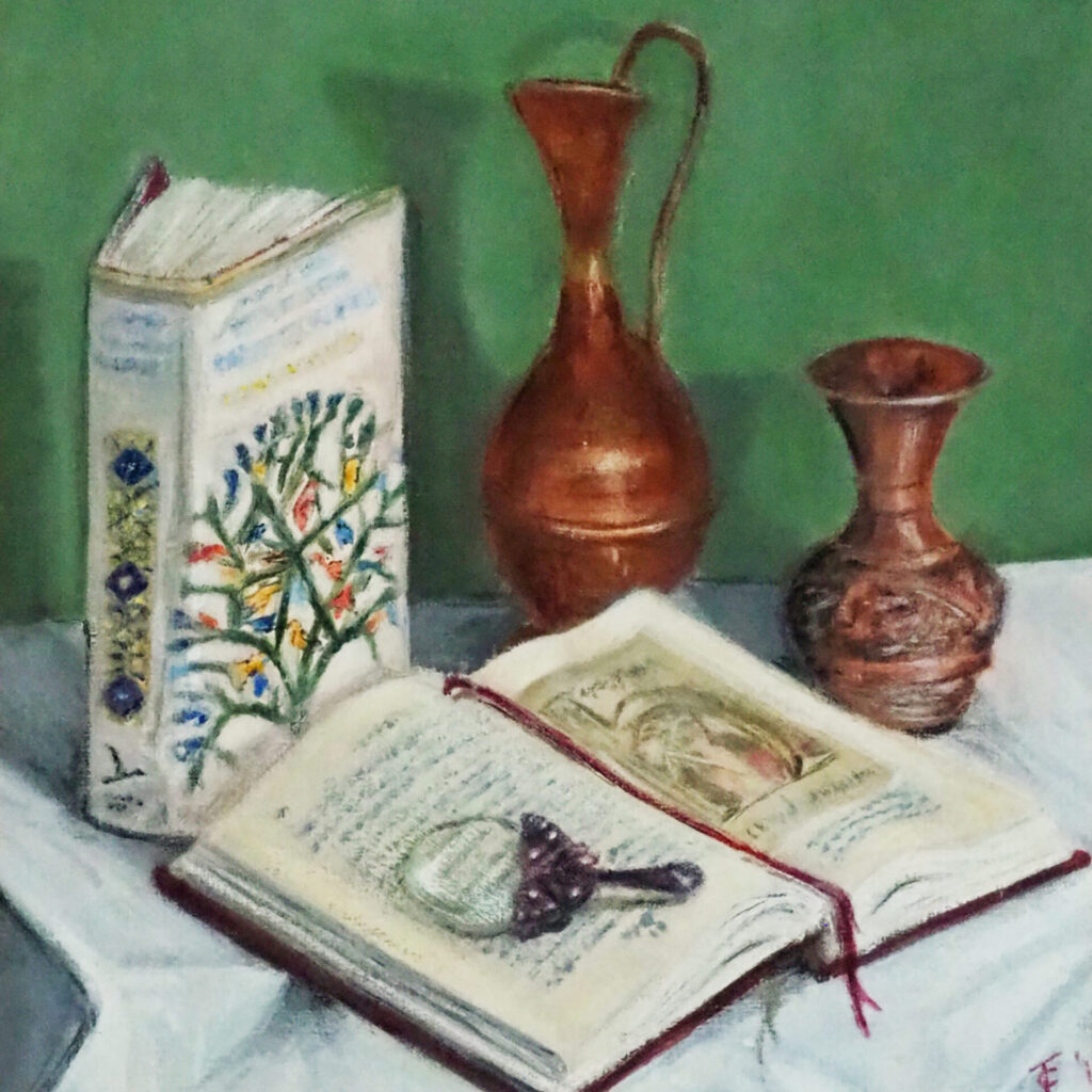 Books and Jugs. Acrylic on paper.