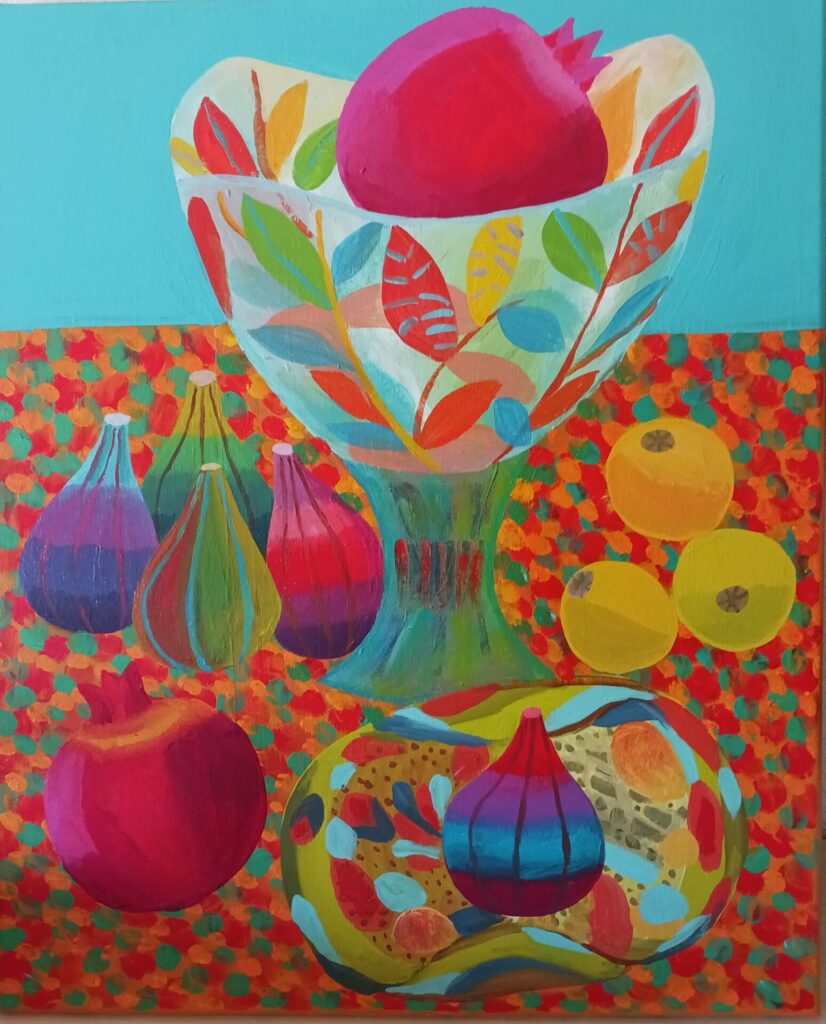 Murano glass bowl with pomegranates and figs.