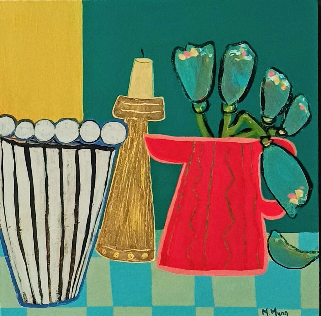 A painterly still life with chequered tablecloth and juxtaposed scene of a vase,candlestick with almost burnt down candle and a red vase with blue tulips. A very colourful palette with bold outlines and scratched in surface patterns. The background is plain green and yellow, which makes the painting pop.