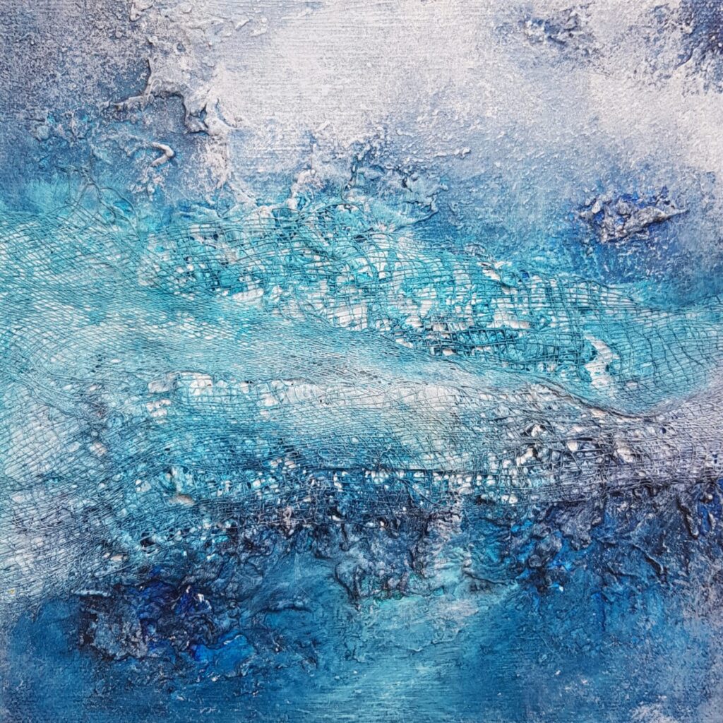 Beneath The Blue 3, canvas, gesso, acrylic medium, gauze, acrylic. One of the pieces I made for my recent solo exhibition 'Innerscapes' drawing on my internal geography to emotionally connect with landscapes, seascapes and my innerscapes.