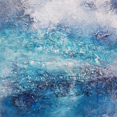 Artwork by Jayne Gaze: Beneath The Blue 3, canvas, gesso, acrylic medium, gauze, acrylic. One of the pieces I made for my recent solo exhibition 'Innerscapes' drawing on my internal geography to emotionally connect with landscapes, seascapes and my innerscapes.
