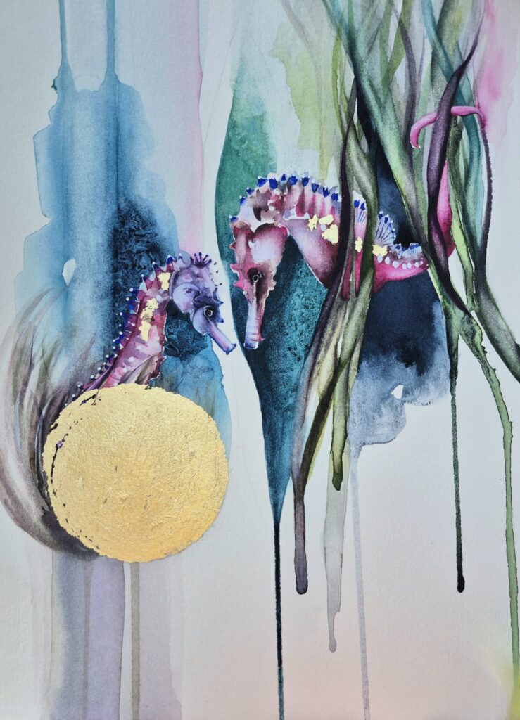 Watercolour and gold leaf Seahorses