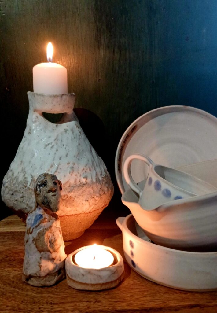 A selection of work, including handbuilt pieces, and also functional stoneware, thrown on a potters wheel