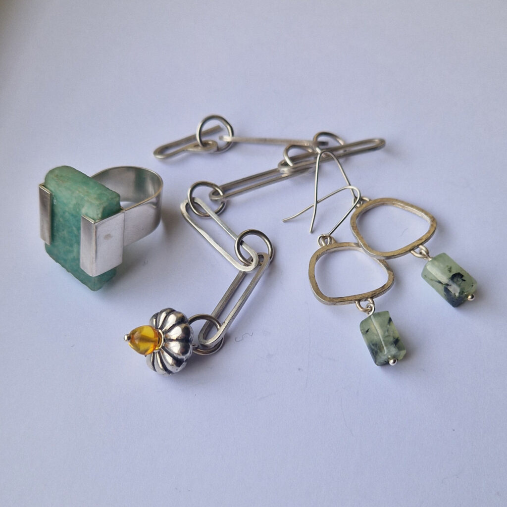 Silver and amazonite ring. Silver link and amber bracelet. Silver and prehnite earrings.