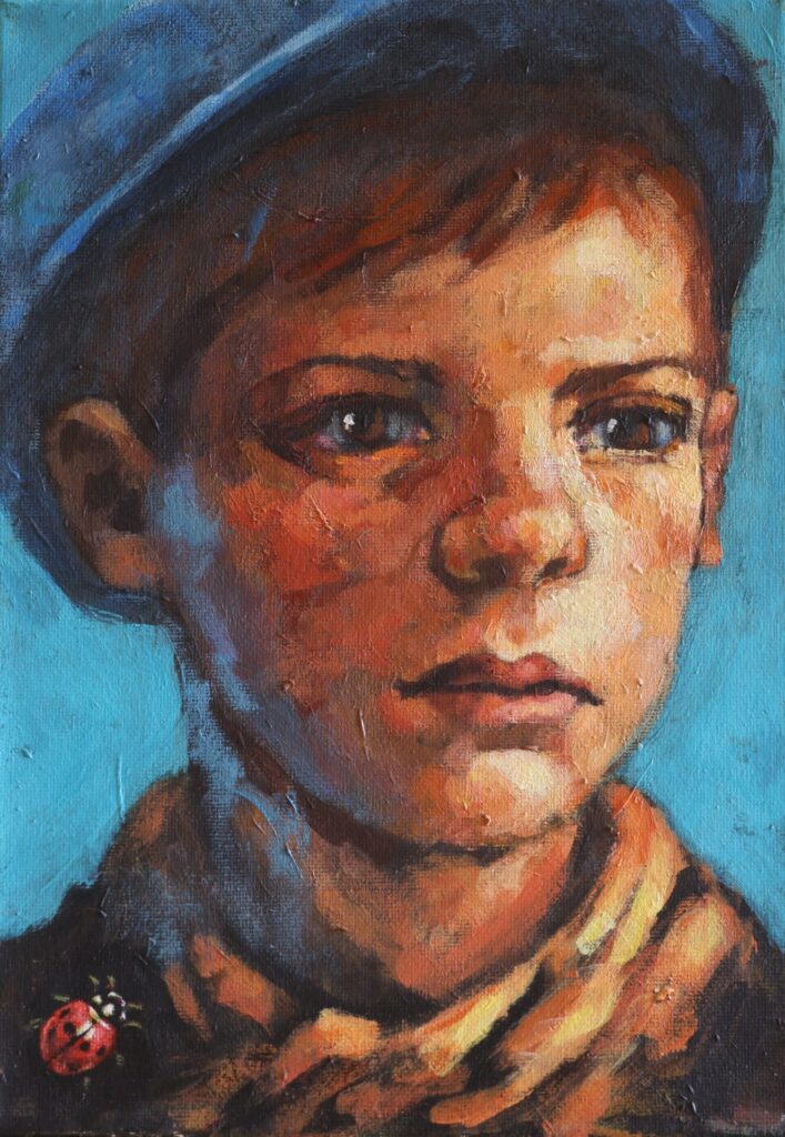 Based on a Victorian child portrait, this work emphasises subtle emotional gravity through intimate scale and direct eye contact. The ladybird pinned to the clothing introduces a delicate focal point, an emblem of luck, childhood, and ephemerality. The artist’s use of layered, gestural brushstrokes contrasts with the restraint of the original photograph, transforming the subject into a living presence.