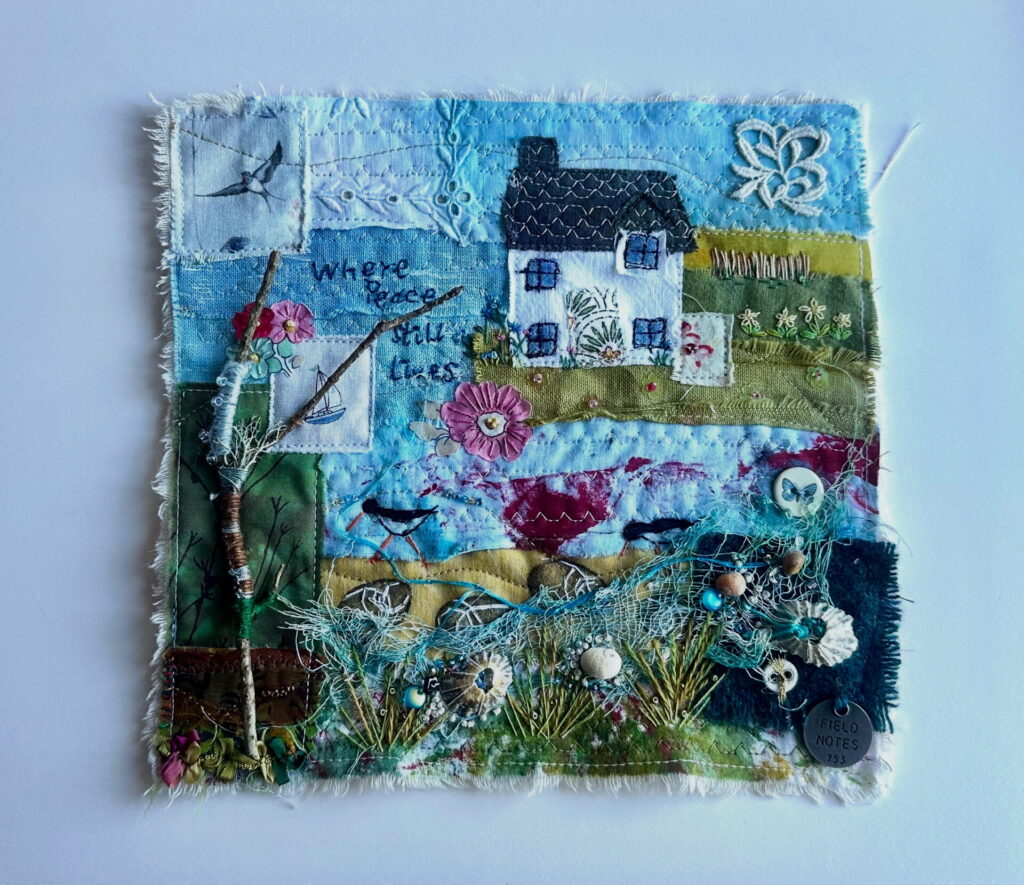 Inspired by the landscape of Skye and the Isle of Harris . I’ve used hand dyed fabrics , hand and machine embroidery , shells and fishing net and beads.