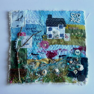 Artwork by Valleri Jillard: Inspired by the landscape of Skye and the Isle of Harris . I’ve used hand dyed fabrics , hand and machine embroidery , shells and fishing net and beads.