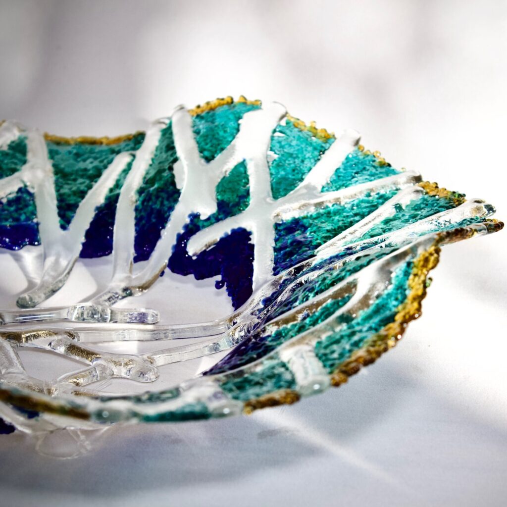 Marine colours fused glass lattice bowl