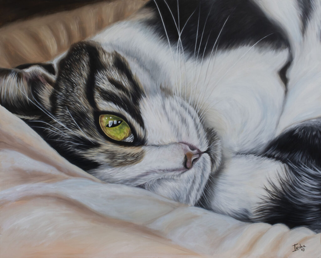Realistic oil painting of a relaxed tabby and white cat with striking green eyes, resting on soft fabric