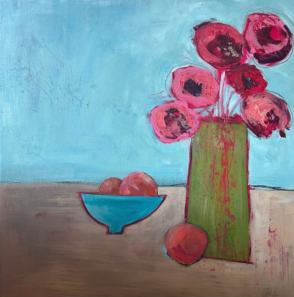 Contemporary still life floral painting in acrylics