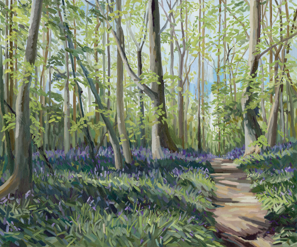 Oil Painting of Woodland, with path and bluebells