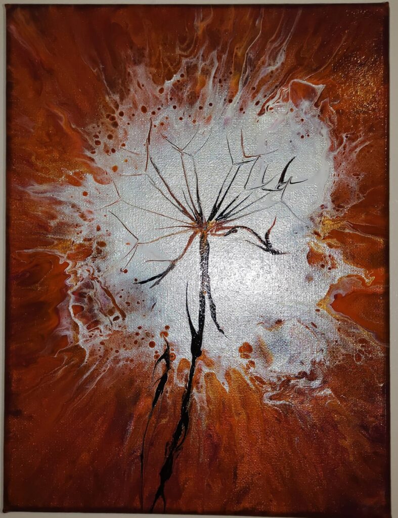 Dandelion Wishes is an impressionist acrylic painting of a dandelion clock in iridescent white and copper.