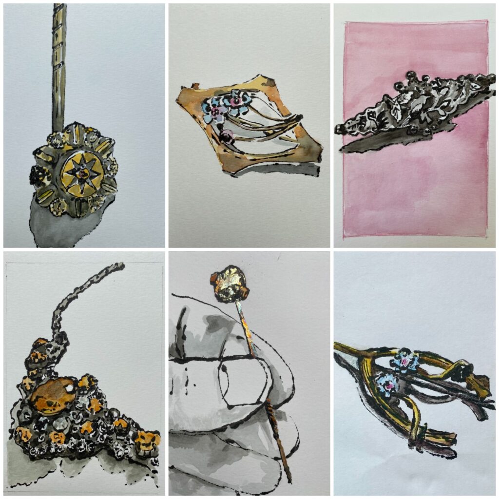 Jewellery. Blotted line ink print with watercolour