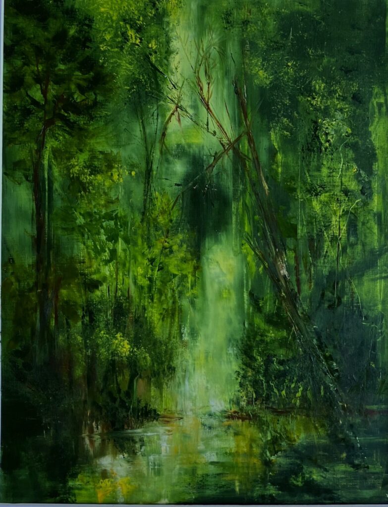 Green Space, oil and coldwax impressionist painting