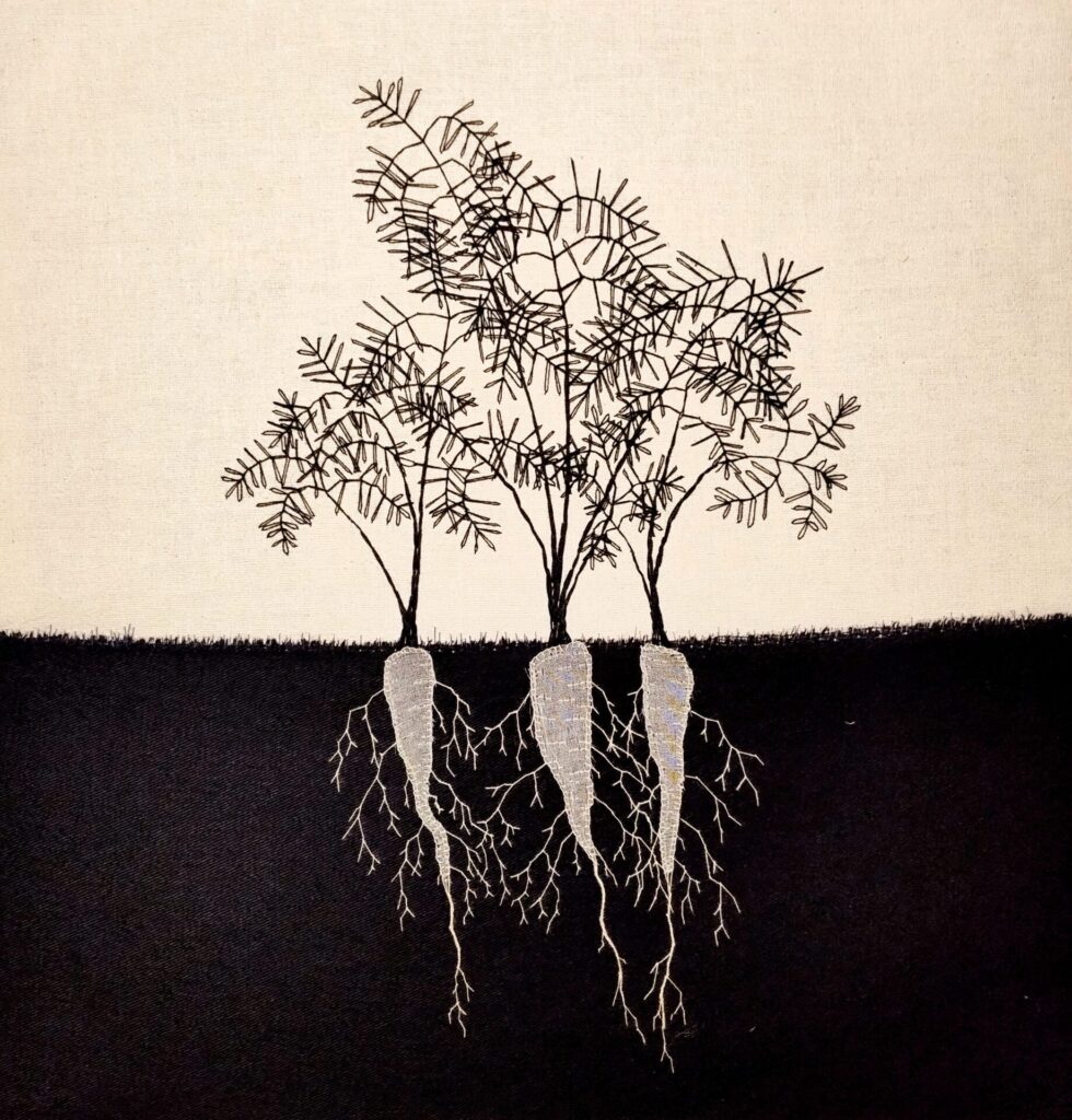 Carrots growing, hand embroidery and applique