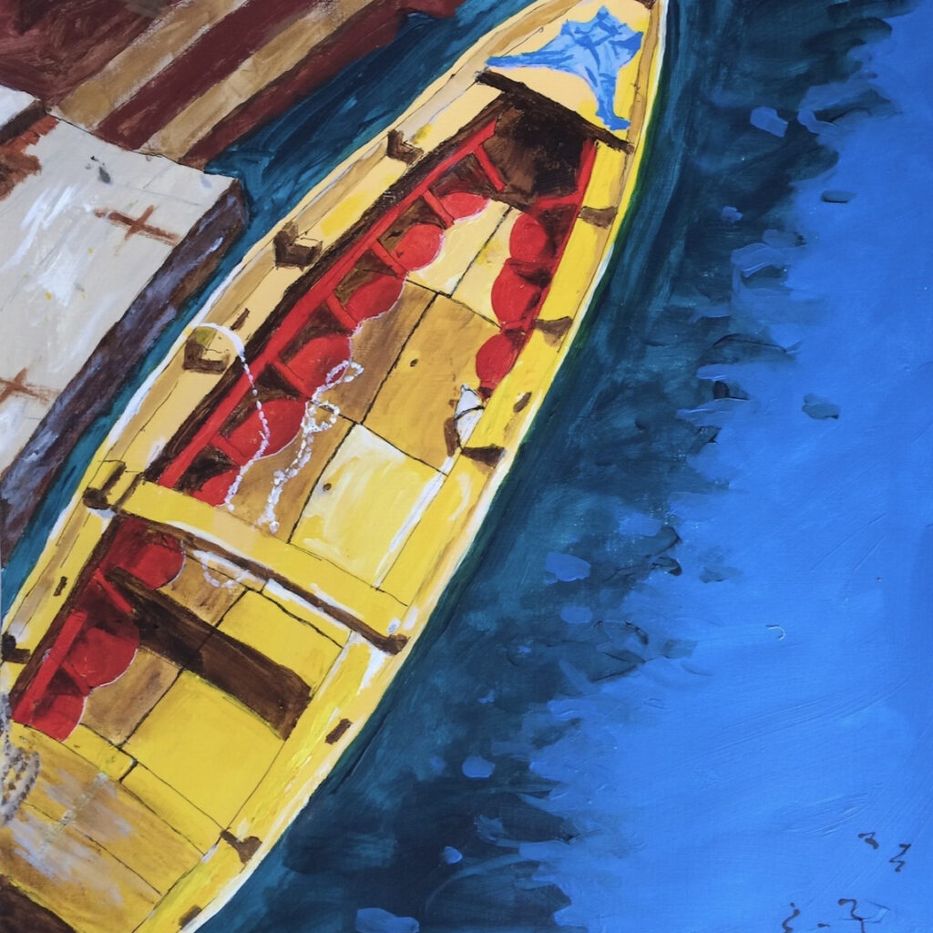 Boat in Coverack Cove.  Acrylic paint on canvas. Measures 60cm by 60cm