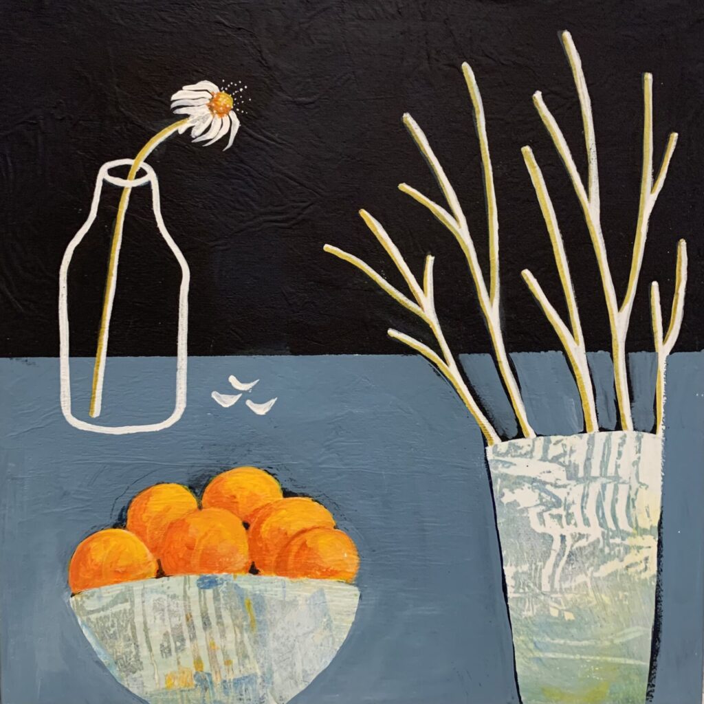 'A Bowl of Peaches' on a painted blue table, near a single stem daisy in a clear vase.