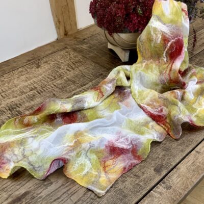 Artwork by Katherine Killick: Nunofelted scarf - Fine wool felted onto a base layer of silk chiffon and overlaid with silk, rose and eucalyptus fibres.